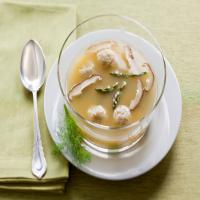 Chicken Soup with Asparagus and Shiitakes, Served with Roasted Fennel Matzo Balls_image