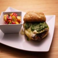 Filet Mignon Sandwich with Onions, Camembert, Fried Egg and Chimichurri image