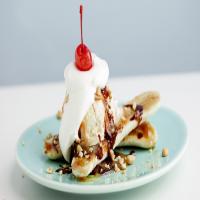 Grilled Banana Splits with Hot Fudge and Rum Caramel Sauce image