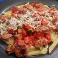Penne, Peppers, and Chicken-Apple Sausage Saute image