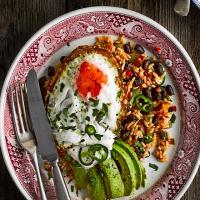 Black beans & rice with fried egg, avocado & pickled onions image