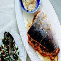 Walnut and Herb-Stuffed Salmon with Spicy Tahini Sauce image
