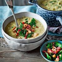 Leek & butter bean soup with crispy kale & bacon image