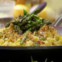 Carbonara-Style Tagliatelle with Grilled Asparagus and Lemon-Herb Breadcrumbs image