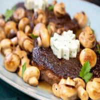 Sunday Rib-Eye Steaks with Blue Cheese Butter, Mushrooms and Sherry image