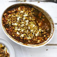 Lamb & aubergine stew with crispy chickpea topping image