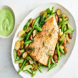 Green Goddess Salmon With Potatoes and Snap Peas Recipe_image