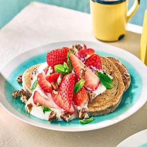 Vegan strawberry pancakes image