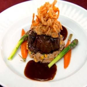 Blue Cheese Crusted Filet with Potato and Corn Hash and a Port Reduction_image
