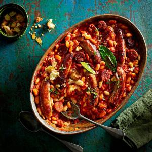 Double sausage & bean casserole with cheese-on-toast crumbs image