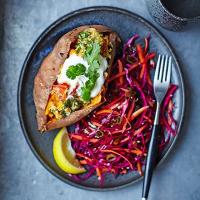 Baked sweet potatoes with lentils & red cabbage slaw image