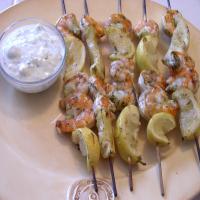 Shrimp and Lemon Skewers With Feta Dill Sauce image