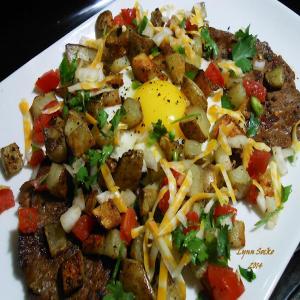 Steak with eggs and potatoes_image