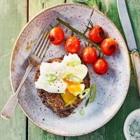 Black bean & barley cakes with poached eggs image
