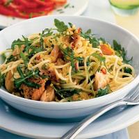 Spaghetti with hot-smoked salmon, rocket & capers image