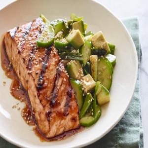 Teriyaki Salmon with Grilled Scallions and Avocado Cucumber Salad image