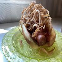 Iron Chef Hot Dog with Onion and Pepper Relish and Crispy Red Onions image