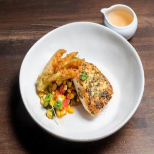 Herb and Potato Crusted Halibut with Cucumber Noodles and Zucchini Blossoms_image