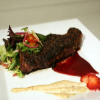 Pepper-crusted Steak with Strawberry Zinfandel Sauce and Orange-Mustard Aioli_image