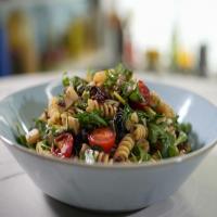 Pasta Salad with Tomatoes, Cucumbers and Grilled Green Onion-Crushed Olive Vinaigrette_image
