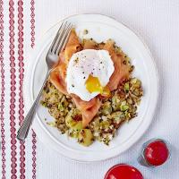 Poached eggs with smoked salmon and bubble & squeak image