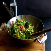 Stir-fried Broccoli Stalks and Flowers, Red Peppers, Peanuts and Tofu image