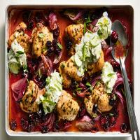 Chicken Thighs With Sour Cherries and Cucumber Yogurt image