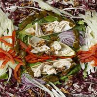 Thin-Sliced Vegetable Salad with Walnuts, Chicken, and Basil Balsamic Vinaigrette image