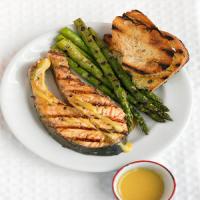Grilled Salmon Steaks with Mustard Sauce and Asparagus image