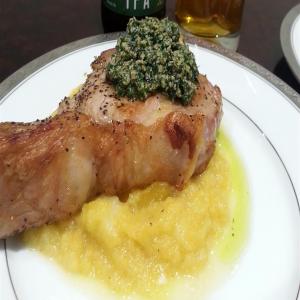 Pan-Seared Veal Chop with Roasted Kale Pesto and Butternut Squash and Parsnip Puree_image