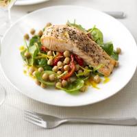 Salmon with warm chickpea, pepper & spinach salad image
