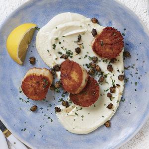 Pan-Seared Sea Scallops with Cauliflower Purée and Fried Capers - Recipe - FineCooking_image