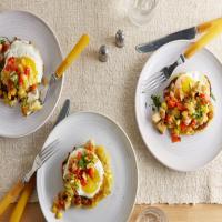 Potato Cakes with Fried Eggs and Turkey-Red Pepper Hash image