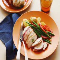 Bacon Wrapped Blue Cheese Stuffed Chicken, Green Beans and Smashed Potatoes with Green Onions image