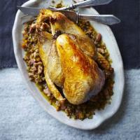 Pot-roast guinea fowl with lentils, sherry & bacon image