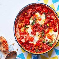 Saucy bean baked eggs image