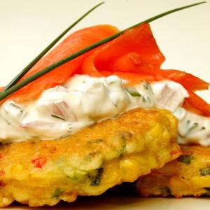 Smoked Salmon W/ Chili Corn Fritters and Sour Cream Dip image