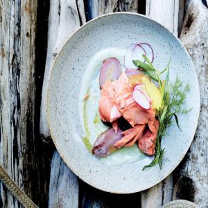 Roasted Salmon with Potatoes and Herbed Crème Fraîche Recipe | Epicurious.com_image