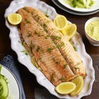 Parcel-poached salmon with herby mayonnaise image