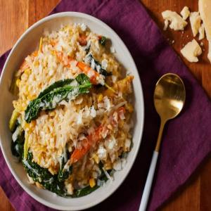 White Risotto with Corn, Carrots, and Kale image