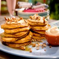 Carrot Cake Pancakes with Maple-Cream Cheese Drizzle and Toasted Pecans image