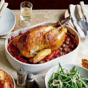 Roast guinea fowl with white wine, tomatoes & olives_image
