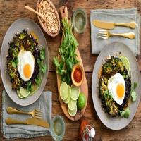 Stir-Fried Black Rice with Fried Eggs And Parmesan Roasted Broccoli_image
