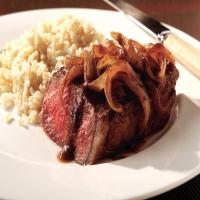 Strip Steak Recipe with Onion Wine Sauce image