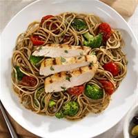 Whole Grain Spaghetti with Cherry Tomatoes, Marinated Chicken Breast and Pesto image