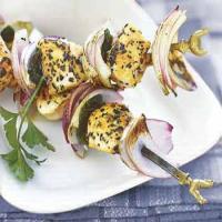 Grilled Chicken, Red Onion, and Mint Kebabs with Greek Salad image