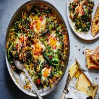 Skillet Greens With Runny Eggs, Peas and Pancetta image