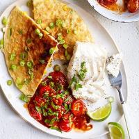 Sweetcorn fritters with chipotle cod image
