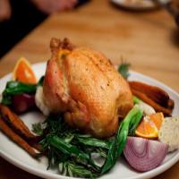 Roasted Chicken with Star Anise Sauce, Ginger Carrots and Snap Peas_image