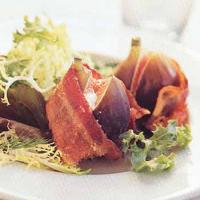 Mesclun Salad with Goat Cheese-Stuffed Figs Wrapped in Bacon image